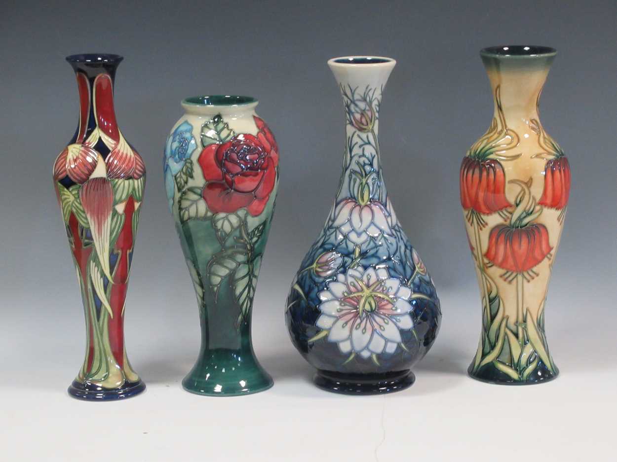 Three large modern Moorcroft limited edition vases, including a Rose and Bud pattern vase designed