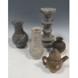 Four stone and one pottery chinese items and "candlestick" , 18.5cm high (5)