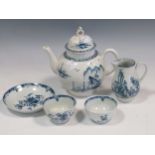 Worcester and Caughley porcelain: a teapot and cover, a Bell Toy pattern jug, 2 tea bowls and a