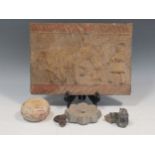 1 Han dynasty ox and man tile, a lotus stone, marble donut and 2 stone animals (5)