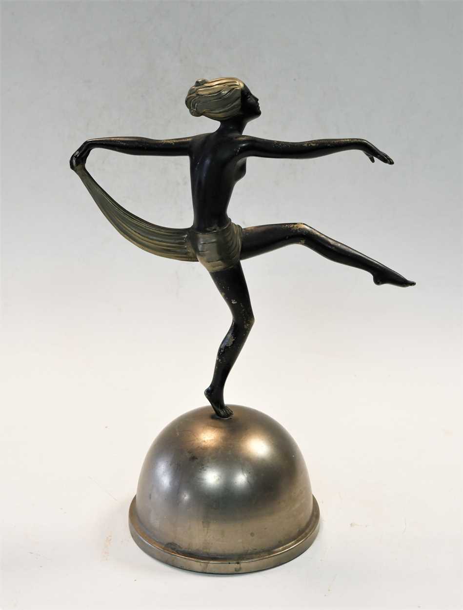 After Josef Lorenzl, a patinated and silvered spelter model of a scarf dancer, - Bild 2 aus 8