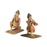 Two North India/ Nepal carved and painted wood large musician figures, early 20th century,