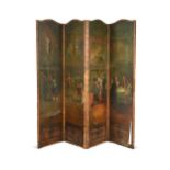 A four-panel painted leather screen, 19th century,