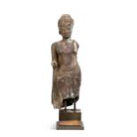 A Thai bronze core on clay standing Buddha, Ayutthaya style,