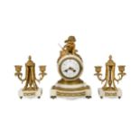 A French white marble clock garniture, 19th century,