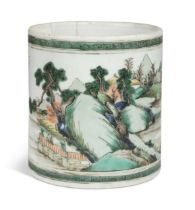 A Chinese famille verte porcelain brushpot, Kangxi (1662-1722),