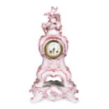A French porcelain Rococo style mantel clock on stand, late 19th century,