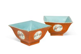 A pair of Chinese coral ground bowls, Qing Dynasty, early 19th century,