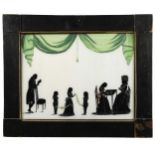 A reverse glass painted silhouette of a family group, late 18th century,