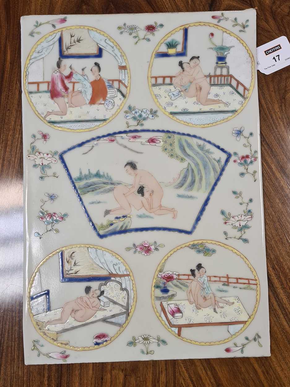 A Chinese porcelain erotic subject plaque, mid 20th century, - Image 11 of 13