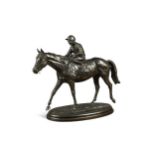 Jean Clagett (American, contemporary), a bronze study of a racehorse with jockey up,