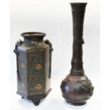 A Japanese bronze and champleve enamel hexagonal vase, late Meiji, circa 1900,