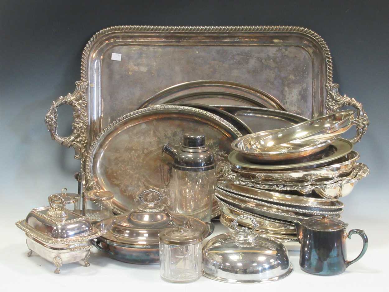 A large silver plated tray, together with entree dishes, cutlery and other plated wares