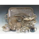 A large silver plated tray, together with entree dishes, cutlery and other plated wares