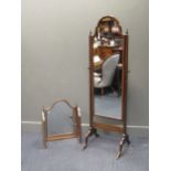 A Queen Anne style mahogany arch topped cheval mirror 161 x 53 x 49cm together with a mahogany