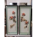 20th century Chinese shell pictures of birds and flowers, a pair, framed 81 x 32cm