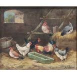 Alfred Prehn (German, active circa 1880–1900)Chickens in a barneach signed 'A Prehn'oil on