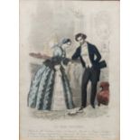 Four Parisian fashion magazine prints; a print of Lord Byron and a watercolour of an Edwardian