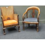 A 19th century mahogany armchair with scolled arms and turned front legs together with a bergere