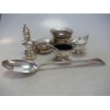 A silver trinket box, together with a silver pepper mill, a silver three piece condiment set, a