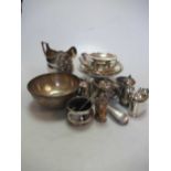 Two silver bowls, together with a silver cream jug, two silver tablespoons, 5 silver dishes and some