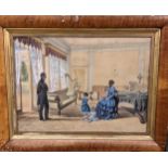 Victorian family in a drawing room with their portraits in silhouette watercolour, in a maple