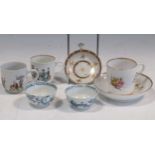 Two small blue and white tea bowls, a small porcelain strainer and a Chamberlains Worcester cup