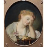 After Jean-Baptiste GreuzeGirl with a canaryoil on canvas, oval51.5 x 43cmA copy after the