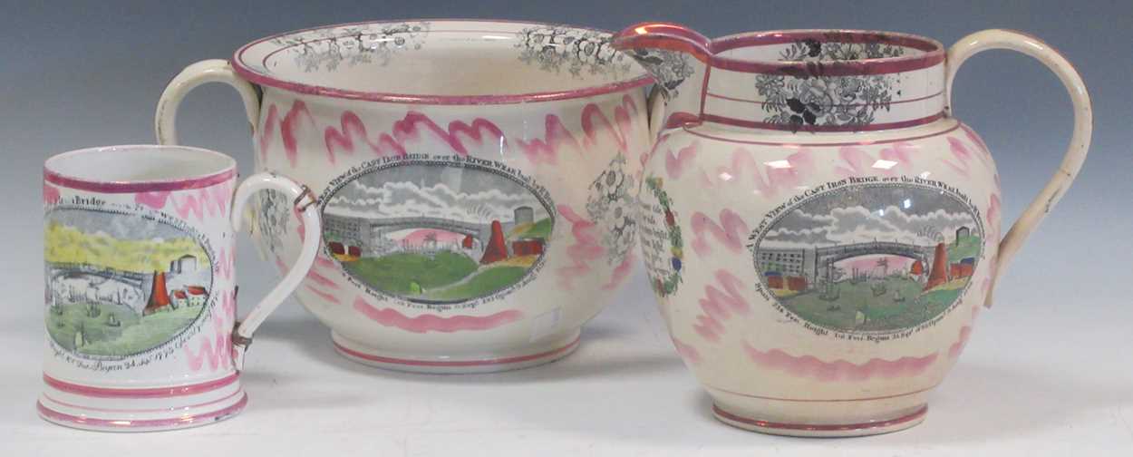 A Sunderland lustre commemorative jug, a chamber pot and novelty frog mug (3)Fading to decoration