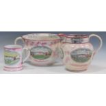 A Sunderland lustre commemorative jug, a chamber pot and novelty frog mug (3)Fading to decoration