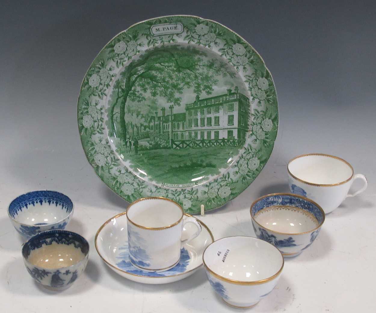 Six 18th and 19th century porcelain cups and tea bowls and one saucer; together with a green printed