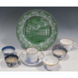 Six 18th and 19th century porcelain cups and tea bowls and one saucer; together with a green printed