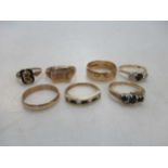 seven assorted rings, hallmarked or assessed as 9ct gold, gross weight 22.6g (7)