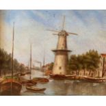 Dutch canal scene with a watermill, circa 1900oil on mahogany panel, 18 x 22;Houses by a riveroil on