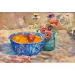 Mary Wellsstill life oranges in a bowl with flowers in a jugwatercoloursigned, details verso 35.5