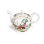 An 18th century porcelain Continental bullet shaped teapot and cover, each side painted with a