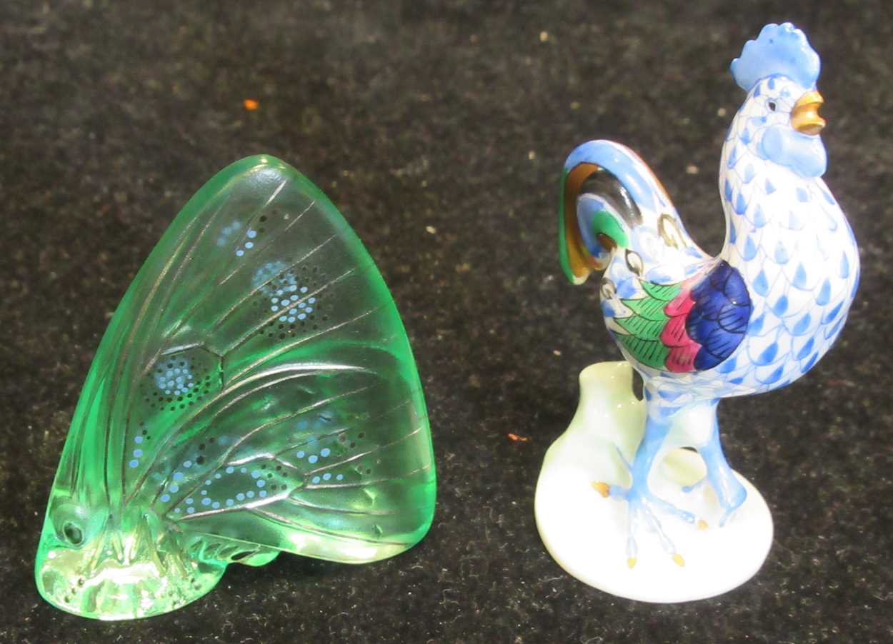 A Lalique green glass model butterfly, 5.5cm, and a Herend cockerell, 7.5cm (2)