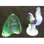 A Lalique green glass model butterfly, 5.5cm, and a Herend cockerell, 7.5cm (2)