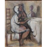 Modern English SchoolSeated woman with figurethe reverse of the canvas painted with an abstract