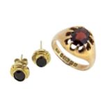 A 9ct gold garnet ring, and a pair of garnet ear studs,