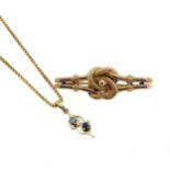An 18ct sapphire and diamond pendant and chain, together with a brooch,
