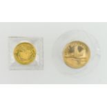 Three small gold coins: 1/20th ounce fine gold Chinese coin 1985; two 500/1000 purity Franklin