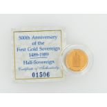 1989 Royal Mint half sovereign, 3.99g, commemorating the 500th Anniversary of the First Gold