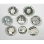 Eight larger size silver proof coins: Falkland Islands £25 silver proof 1992, 155.6g, with cert.