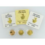 Three Britannia 1/10th ounce gold proof coins, 1987, 1990 and 1992, with certificates, each coin