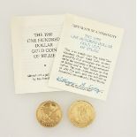 Franklin Mint 1980 Belize $100 gold coin (500/1000 purity), weight 6.21g; and another similar gold-