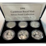 Royal Mint Caribbean Royal Visit 1994, 6 coin silver proof collection, cased with certificate