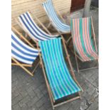 Five vintage folding deck-chairs with original striped fabricsframes generally very good and