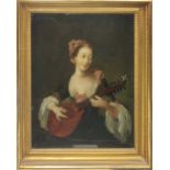 A small reverse glass picture of a lady with a mandolin, 31 x 24cm
