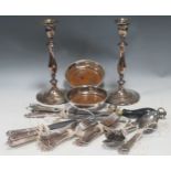 A collection of silver plated items, to include two candle sticks, various Walker & Hall plated